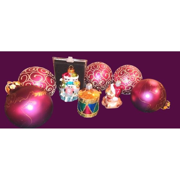 Vintage Lot Of 8 Xmas Ornaments Maroon & Gold Glass/Aluminum Angels & Puppy Figu - Picture 1 of 7